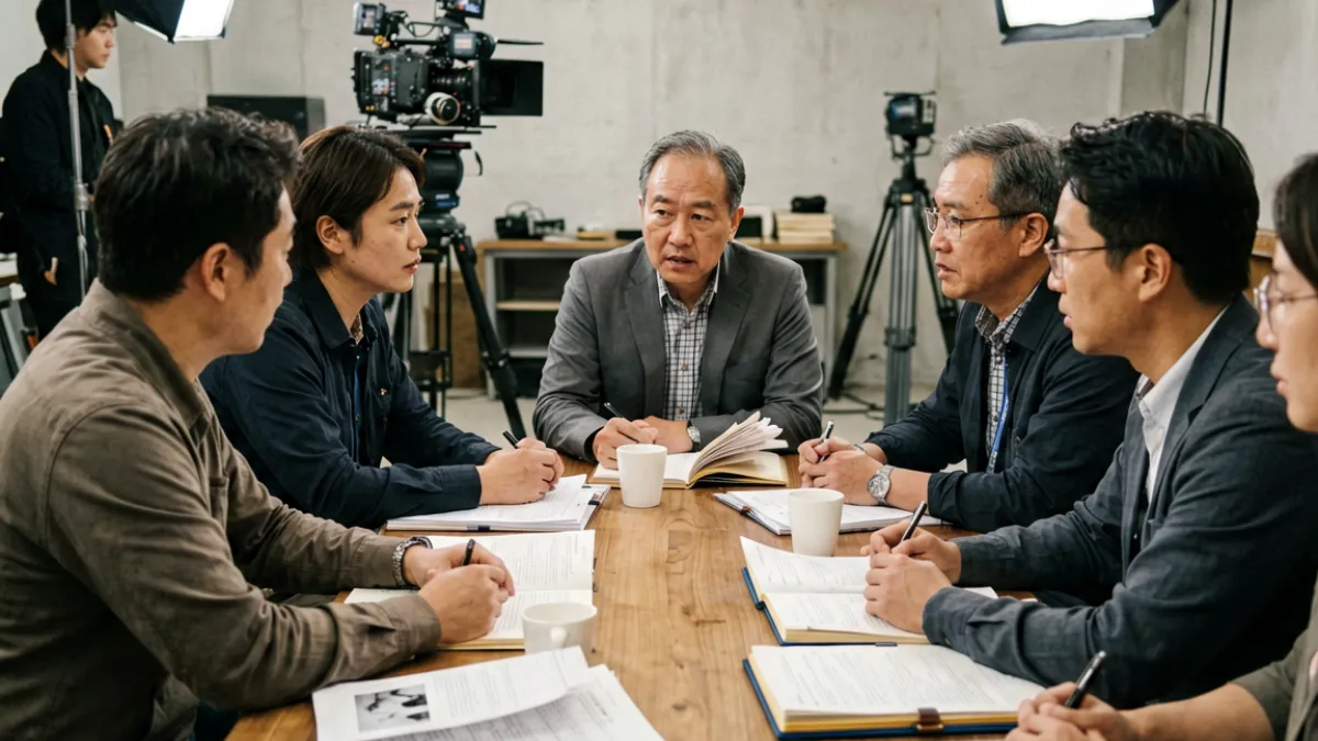 剧组片场内工作人员围坐讨论剧本，场景灯光打亮，导演与制片人面色凝重地交谈