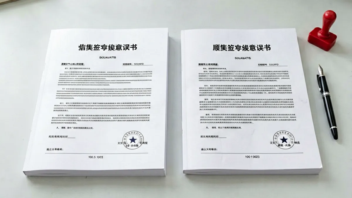 91吃瓜 - 两份合同文件并排放置在办公桌上，旁边有钢笔和印章，暗示合同纠纷场景