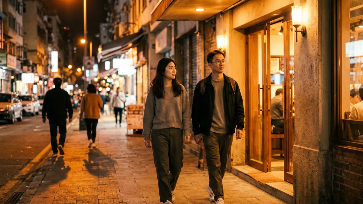 城市夜晚餐厅外，一对年轻人并排而行，路灯打出暖色光晕，周围有零星行人路过